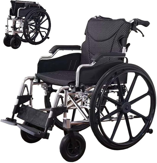 Lightweight Aluminum Alloy Transport Wheelchair for Adults - 20" Wide Seat with Front/Rear Locking Brakes, 24" Quick-Release Wheels, Foldable Design, 350 lbs Capacity (Bright Silver)