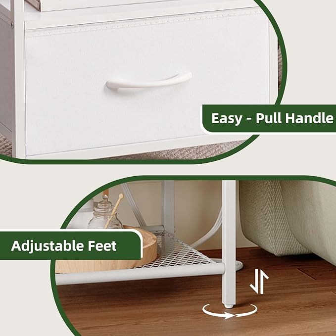 Somdot Nightstand with Charging Station and LED Light for Bedroom, Bedside Table End Table for Dorm Guest Room Bedside Kids Laundry Closet Entryway Hallway, White Leather