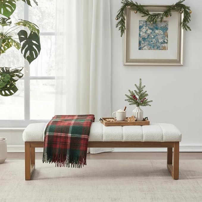 Zihanhome 52.7" Bedroom Bench for End of Bed, Modern Upholstered Teddy Fabric Entryway Bench & Dining Bench, Footrest Stool Bench with Solid Wood Frame for Bedroom, Living Room (Beige)