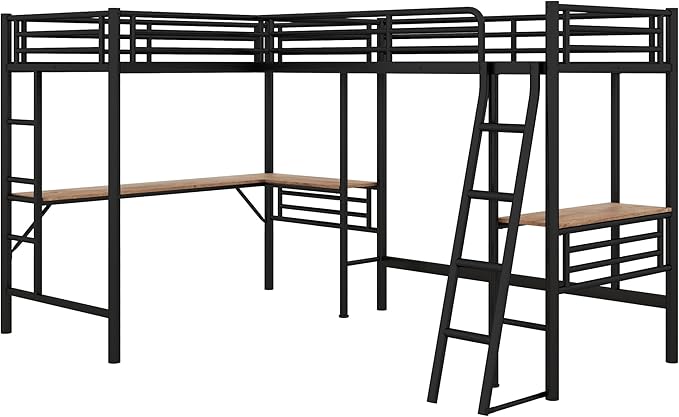 MERITLINE Metal L-Shaped Loft Bed for Two Kids Twin Size High Loft Bed Frame with Two Built-in Desks Underneath for Boys Teens, Black
