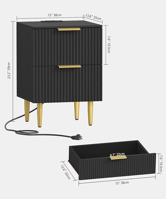 Akxomel Black Nightstand Set of 2, Fluted Night Stand with Charging Station, 13.8" D x 15" W x 23.2" H, 2 Drawers Modern Bedside Table with USB Ports and Outlets, Golden Side Table for Bedroom