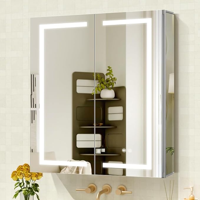 LED Medicine Cabinet,Bathroom Mirror Cabinet with Lights,30×32inch,Equip with Internal Light,Aluminum Construction,USB Shaver Socket,3 Color,Dimmer,Demister,Surface Mounted and Recess Mounted
