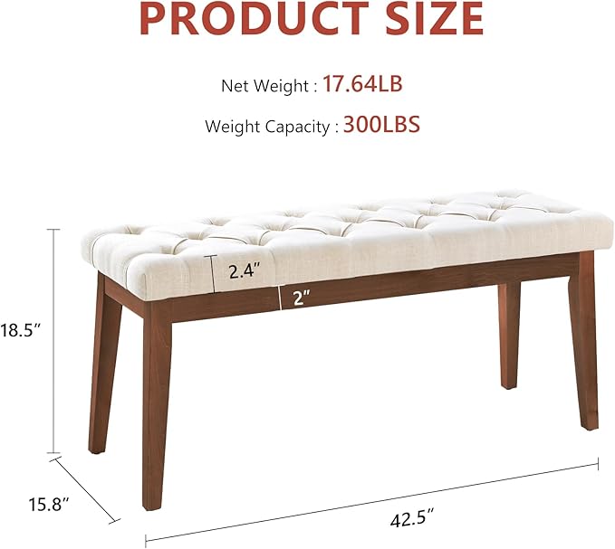 kinmars Upholstered Bench for Bedroom End of Bed,42.5-inch Entryway Bench for Living Room,Dining Bench with Padded Seat and Solid Wood Leg for Kitchen Bedroom,Indoor and Hallway