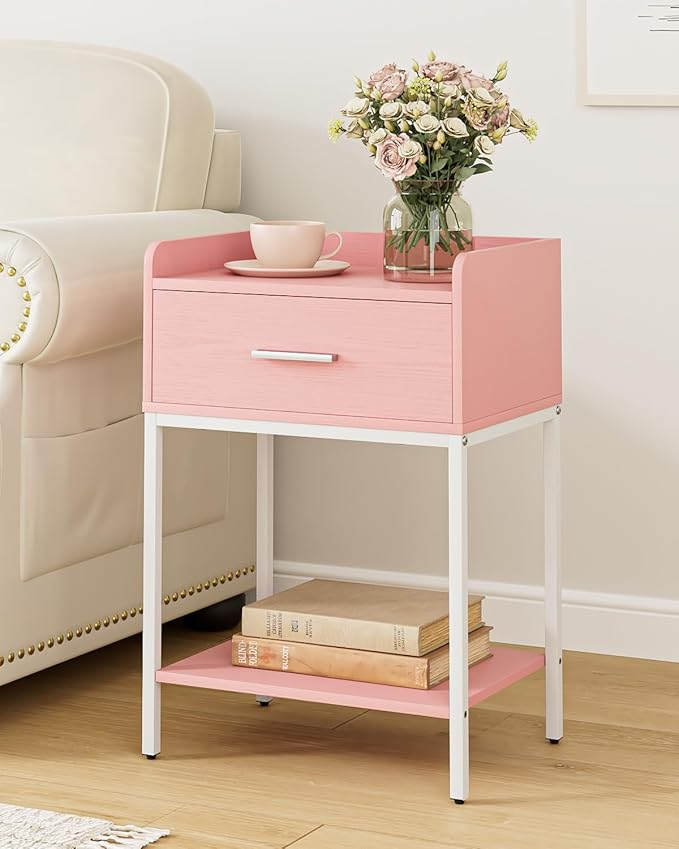 Nightstand,Modern Bedside Table Night Stand with Storage Drawer and Open Shelf,Small End Side Table for Bedroom,Living Room,Pink