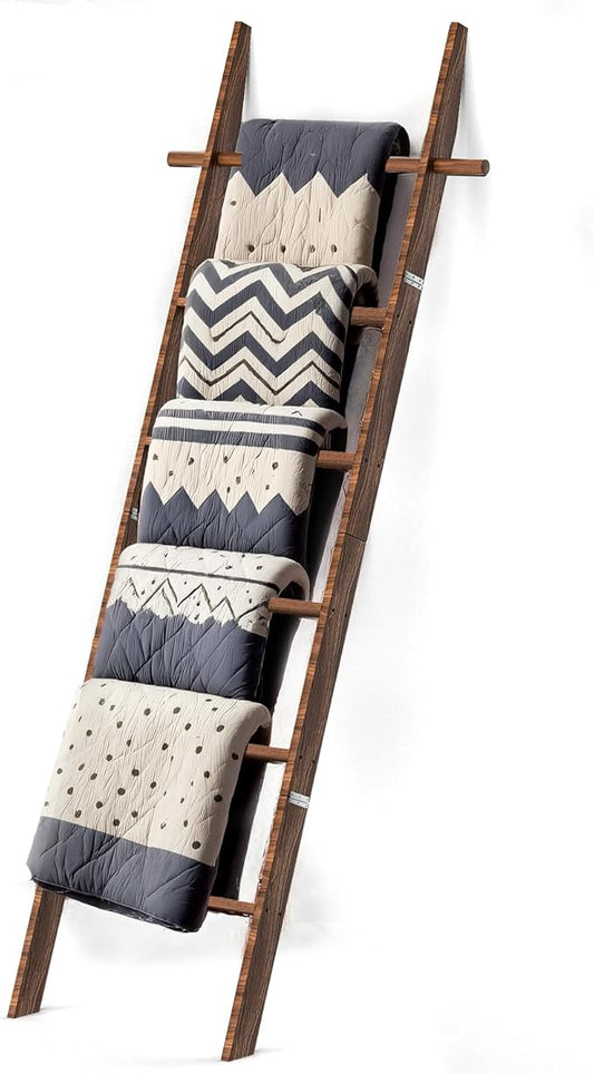 Farmhouse Wooden Blanket Ladder with Removable Hooks, 6-Tier Rustic Blanket Rack Decorative Stand, Leaning Towel Quilt Rack Holder for Bathroom Living Room Decor Brown