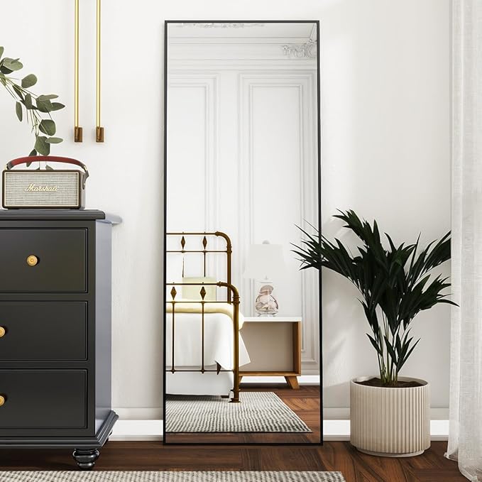 VooBang Mirror Full Length, 21" x 64" Floor Mirror with Stand, Aluminum Alloy Frame Full Body Mirror, Standing Hanging or Leaning Against Wall for Bedroom and Living Room, Black