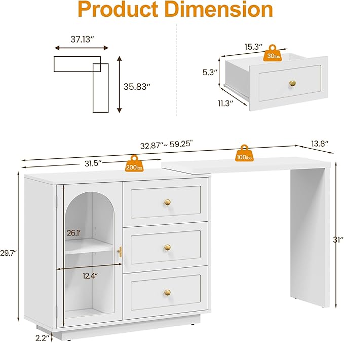 RoyalCraft 59” Makeup Vanity Desk, White Vanity Dresser Combo, Modern Dressing Table with 3 Drawer & 1 Door, Vanity for Bedroom, L Sharped Corner Table for Working, Drawing, Nail Care (Without Mirror)
