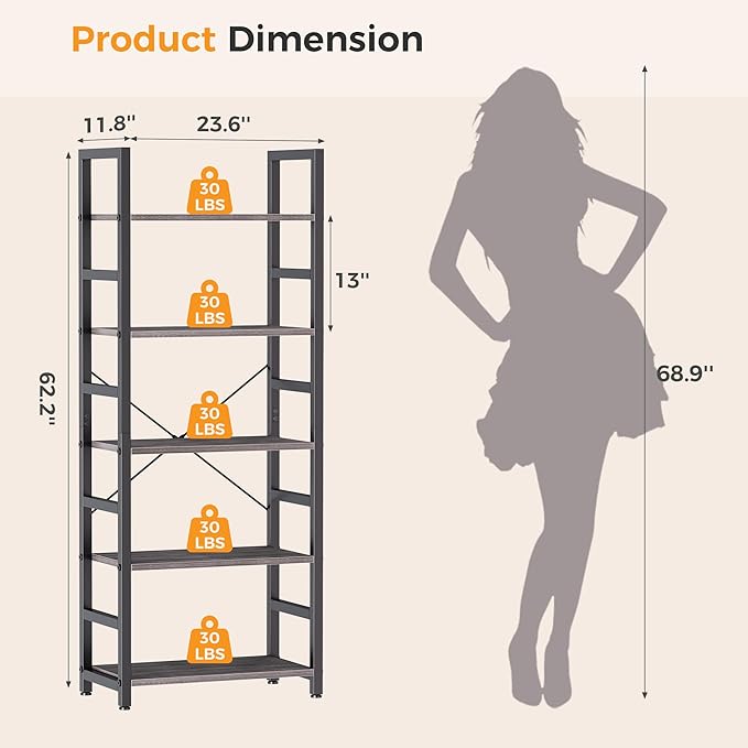 DUMOS 5-Tier Bookshelf, Modern Tall Bookcase, Open Storage Display Shelf for Living Room, Bedroom, Home Office, Narrow Standing Shelving Unit for Books, CDs, Décor，Wood Grey