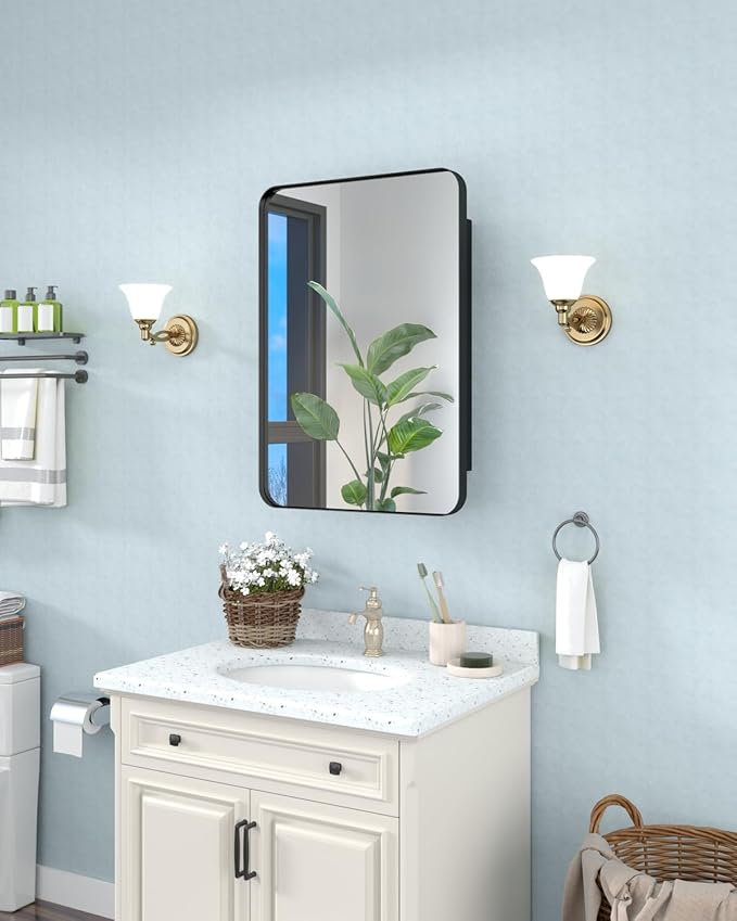 16"x24" Black Recessed Medicine Cabinet, Bathroom Surface Mount Medicine Cabinet Bathroom Mirror with Storage, Waterproof Full Body Metal, Stable and Removable 2 Metal Shelves, Easy Installation