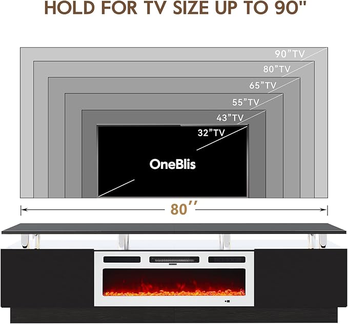 80" TV Stand for Living Room, Modern Entertainment Center & Media Console, Fits TVs up to 80", Storage Cabinet with Shelves, 36" Electric Fireplace with LED Flame(Black+White)