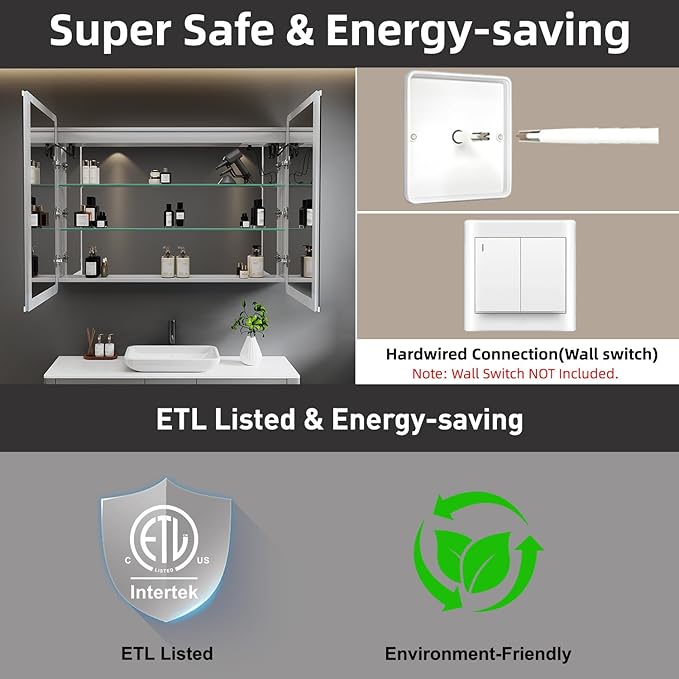 Medicine Cabinet with LED Lights and Mirror, 36 x 32 Inch Surface or Recessed Mounted Bathroom Cabinets with Door, Defogger, Memory Function, 3-Color Mode, Outlet&USB, Dimmer, Storage