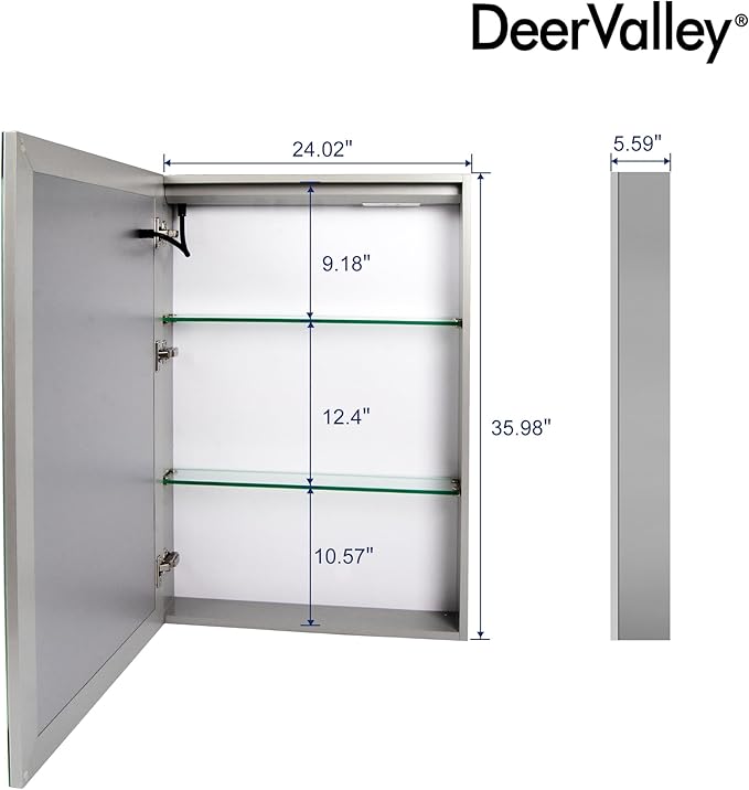DeerValley 24" W x 36" H Led Lighted Medicine Cabinet with Mirror, Bathroom Medicine Cabinet with Defogger & 3-Color, Wall Mounted Mirrored Medicine Cabinets with Lights