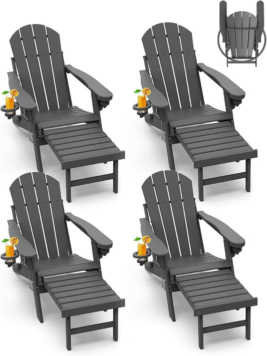 GREENVINES Adirondack-Chairs-with-Ottoman | Set of 4 | Folding | Retractable-Footrest | HDPE Plastic | All Weather Fire Pit Chair | Cup Holders | Grey | for Outdoor Poolside