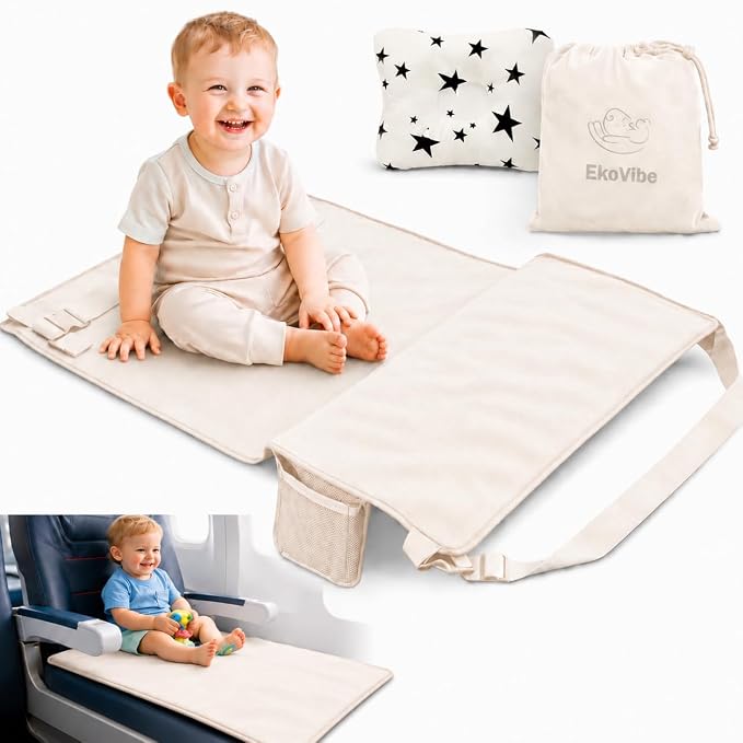 Toddler Airplane Seat Extender – Portable Travel Footrest & Leg Support for Kids – Foldable Cushion Design with Carry Bag – Lightweight Travel Accessory (Off-White)