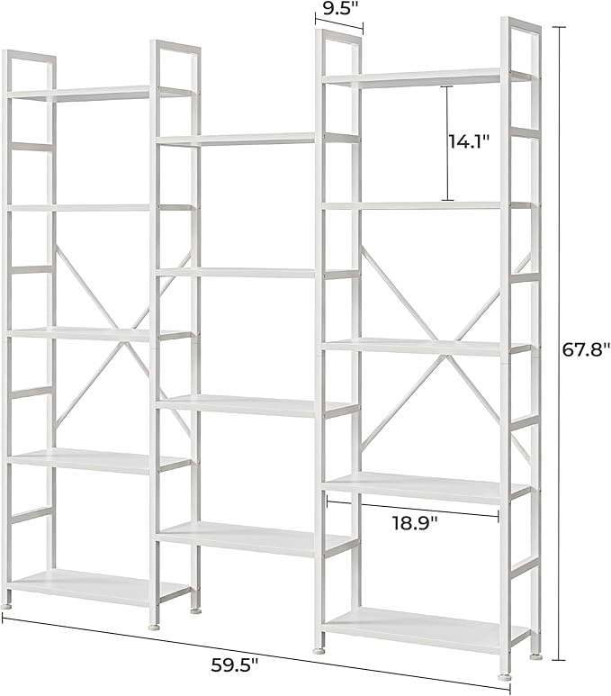 SUPERJARE Triple Bookshelf, Bookcase with 14 Open Display Shelves, Wide Book Shelf Book Case for Home & Office, 5 Tier, White