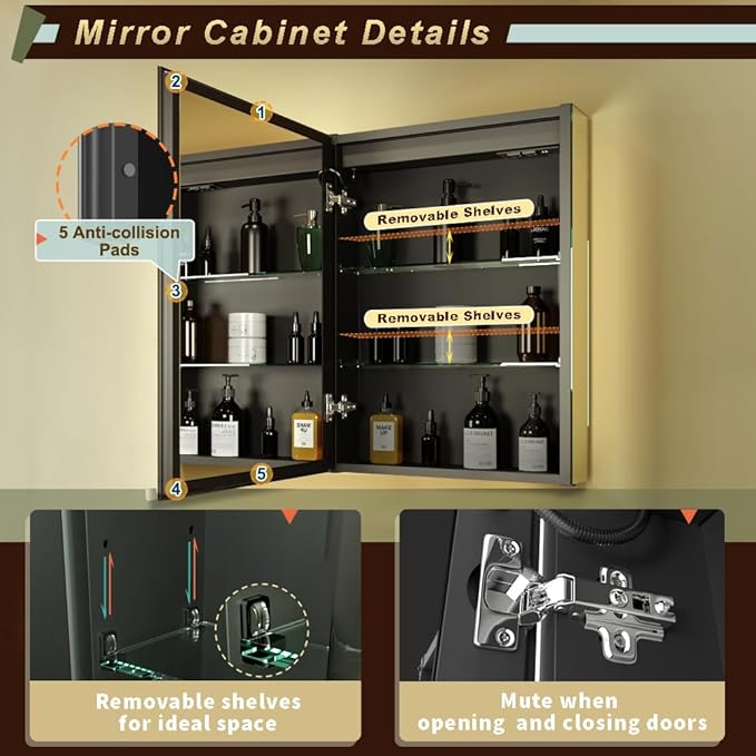 GANPE LED Lighted Bathroom Medicine Mirror Cabinet with Sockets & USBs, Anti-Fog Dimmable Light and Color Adjustment, Easy to Install Aluminum Cabinet (20 * 28 Left Hinge)