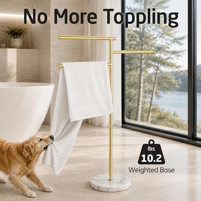 KES Brushed Gold 40-Inch Freestanding Towel Racks for Bathroom with Weighted Natural Marble Base, 3 Swivel Arms Bath Floor Free Standing Towel Racks, 18/8 Stainless Steel, BTH219-BZ