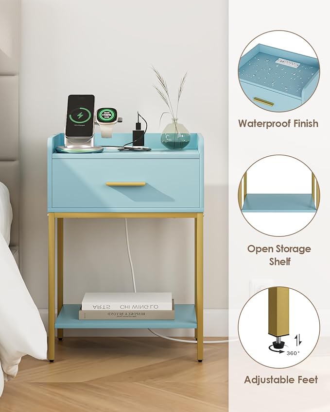 Nightstand with Charging Station,3-Tier Modern Bedside Table Night Stand with Storage Drawer and Open Shelf,Small End Side Table for Bedroom,Living Room,Blue