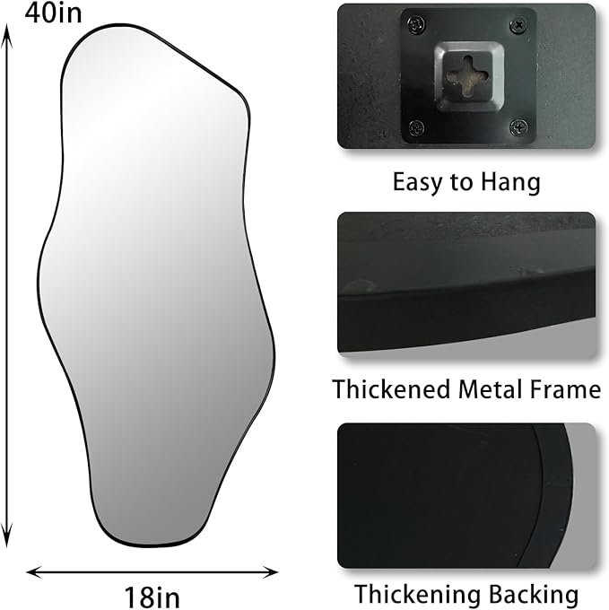 Irregular Wall Mirror, 40"x18" Asymmetrical Aesthetic Mirror with Metal Frame, Modern Organic Shaped Mirrors for Living Room Bedroom Hallway Entryway, Hangs Vertically or Horizontally