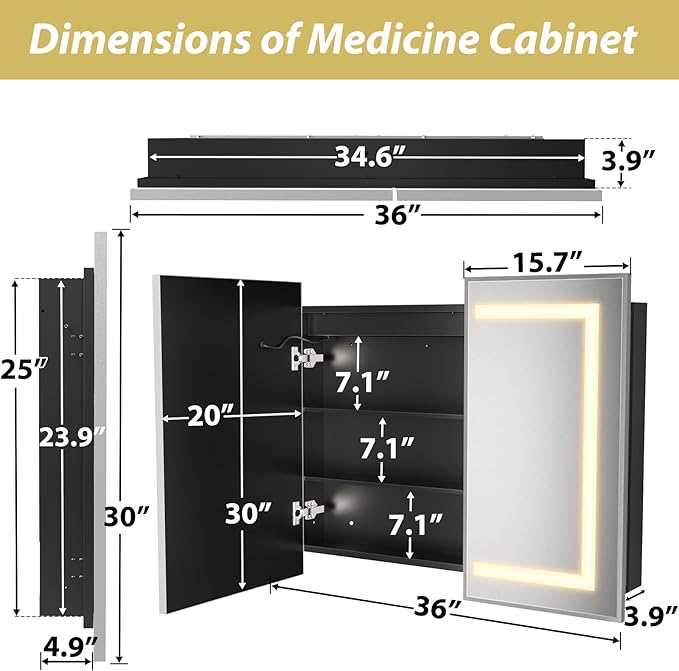 APRILSOUL 36x30 Inch Lighted Bathroom Medicine Cabinet with Mirror, Silver Recessed or Surface Mount Medicine Cabinet Mirror with Storage and LED Lights, 3 Colors Temperature, Dimmable Light