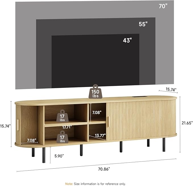 70.8" TV Stand with Power Outlet, Mid-Century Modern Television Stand, Fluted Media Console with Sliding Doors, Entertainment Center for TVs up to 60 Inch, Adjustable Shelves, Oak