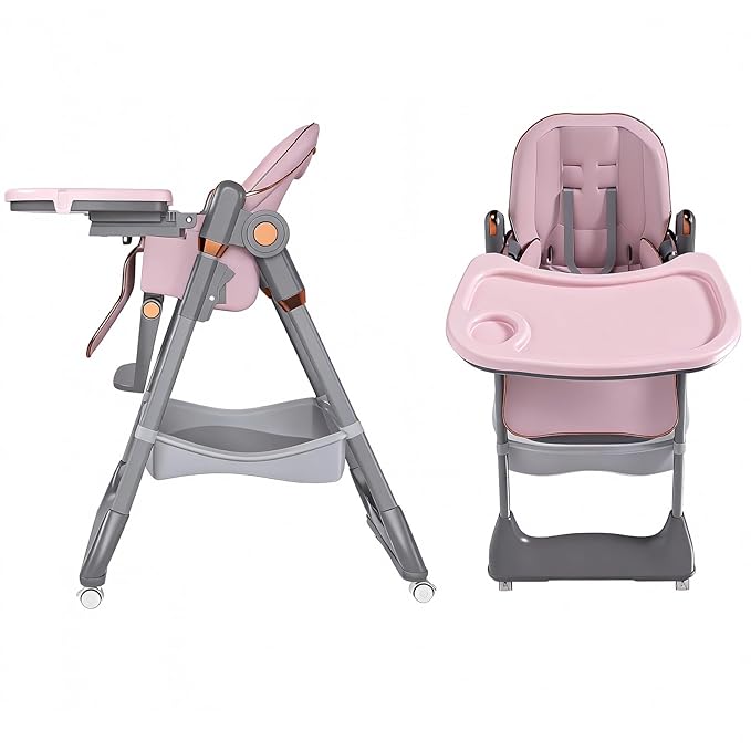 Foldable Baby High Chair with 150° Swing & Recline,Convertible High Chairs for Babies and Toddlers,5 Height Levels,3 Backrest & Footrest Positions,Removable Double Tray,Lockable Wheels (Pink)