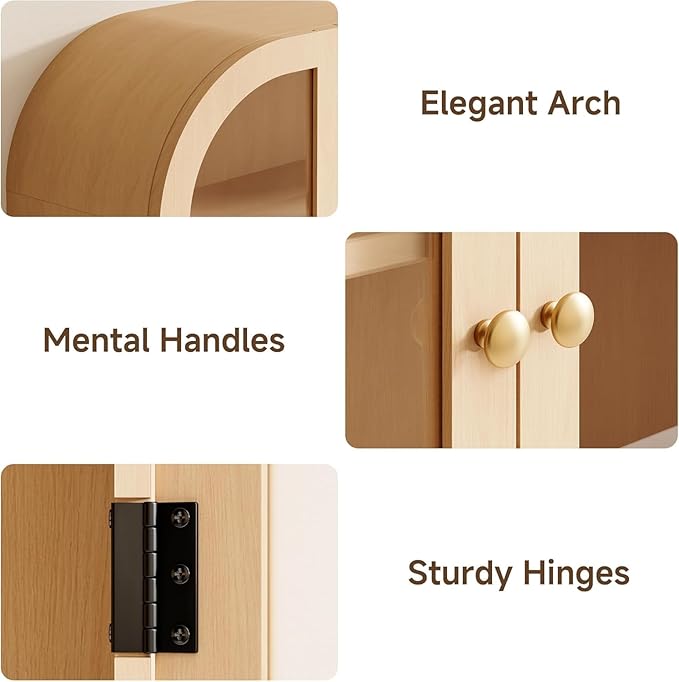 Fatmok Set of 2 Arched Bathroom Wall Cabinets with Glass Doors – Over-The-Toilet Storage Cabinet with Adjustable Shelf, Wood Floating Medicine Cabinet for Bathroom, Laundry Room, Kitchen, Natural Wood