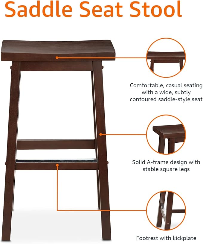 Amazon Basics Solid Wood Saddle-Seat Counter Height Bar Stools for Kitchen Island and Home Bar with Footrest, 29-Inch Height, Walnut, Set of 2