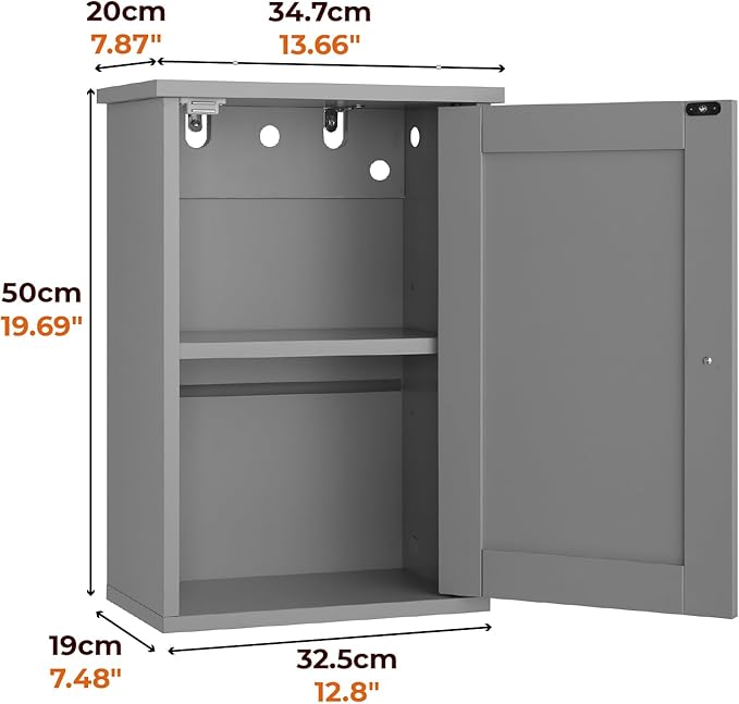 VINGLI Bathroom Wall Cabinet, Gray Medicine Cabinet with Single Door, Small Over Toilet Storage Organizer with Adjustable Shelf, Hanging Kitchen Cupboard for Laundry Room, 13.7x7.5x19.7 Inch