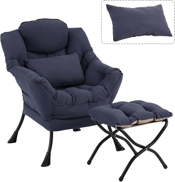 Lazy Chair with Ottoman, Modern Accent Chair with Lumbar Pillow, Navy Blue Sofa, Armchairs with Folding Footrest, Oversized Supportive Chairs for Bedroom, Reading