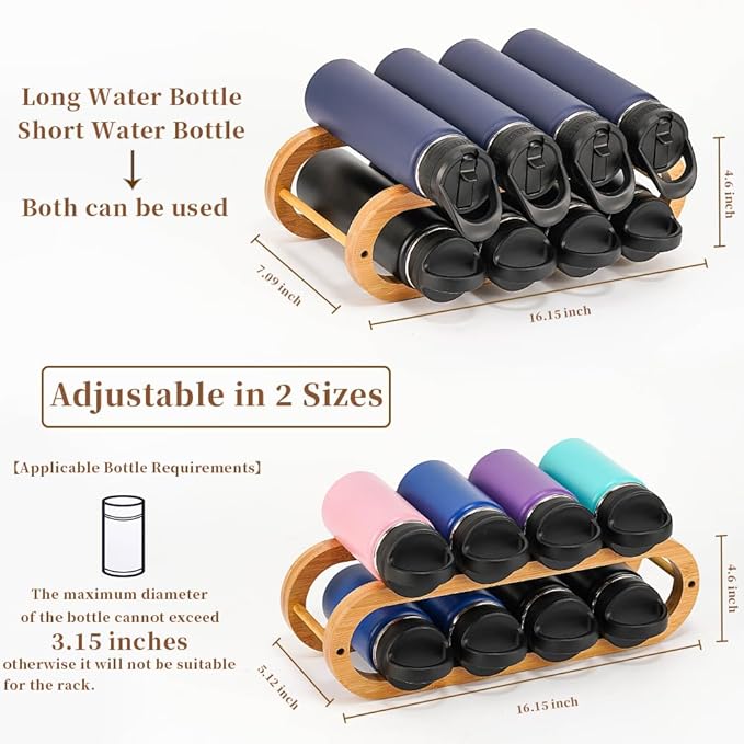 Navtcow Wine Rack and Water Bottle Organizer 2 in 1 for Cabinet and Countertop - Adjustable in 2 Sizes (Bamboo 2 Tier)