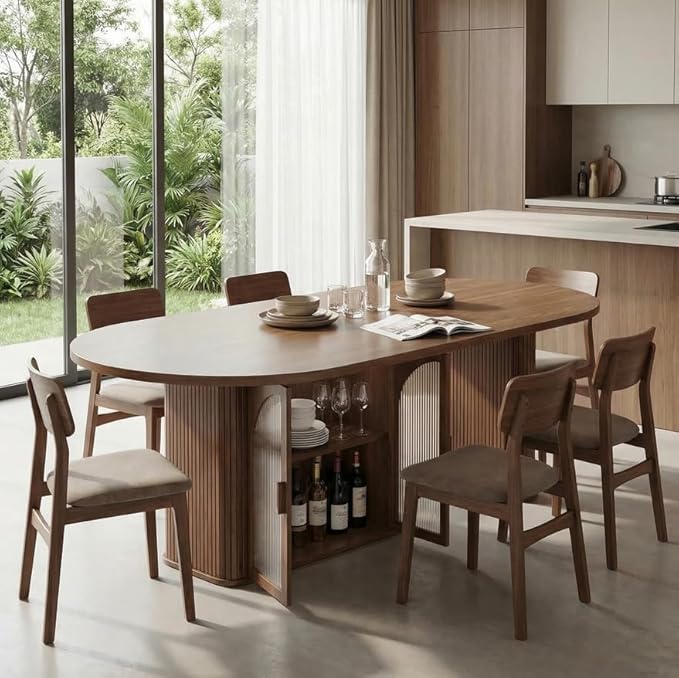 ONBRILL 70 Inch Oval Dining Table for 6-8, Modern Dining Room Table with 2-Tier Storage Space, Wood Kitchen Table with LED Light, Dinner Table with Heavy Duty Legs, Walnut
