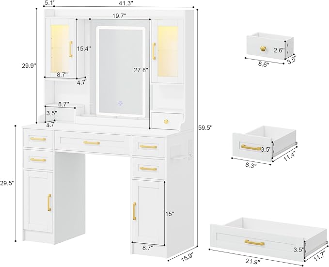 KAMABOKO White Vanity Desk with Mirror and Lights, Makeup Vanity with 2 Clear Glass Display Cabinets and 2 Large Drawers, 3 Lighting Color Adjustable, Girls Dressing Table for Bedroom
