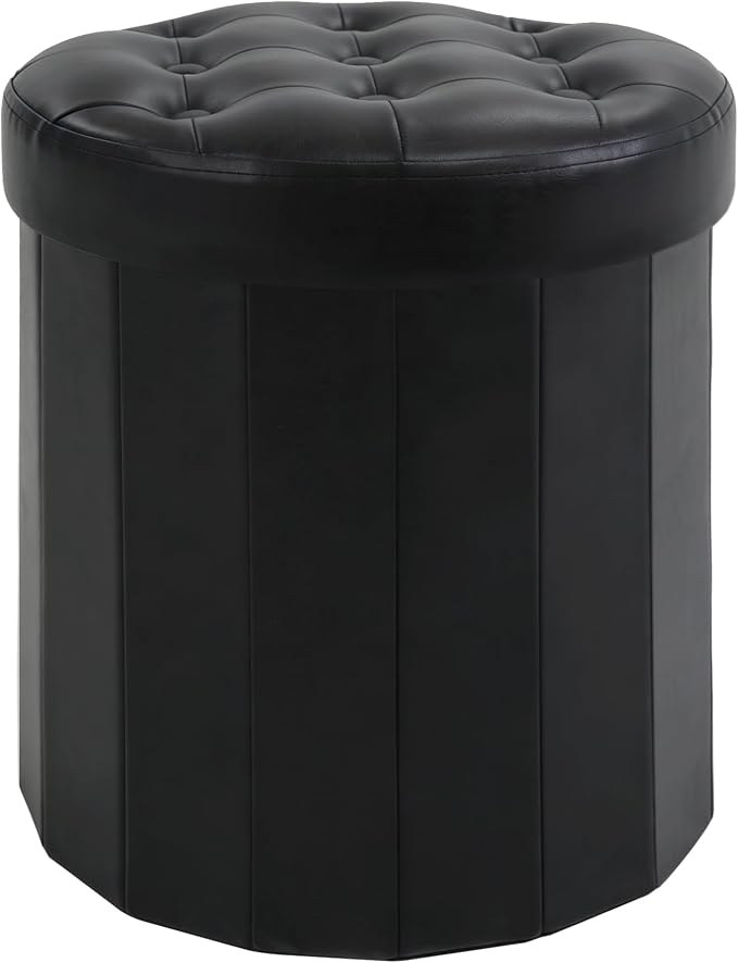 CAROLMADE Round Storage Ottoman,PU Leather Folding Footrest Stool with Thicker Foam Padded Seat,Versatile Vanity Stool for Living Room,Bedroom or Dorm,Black