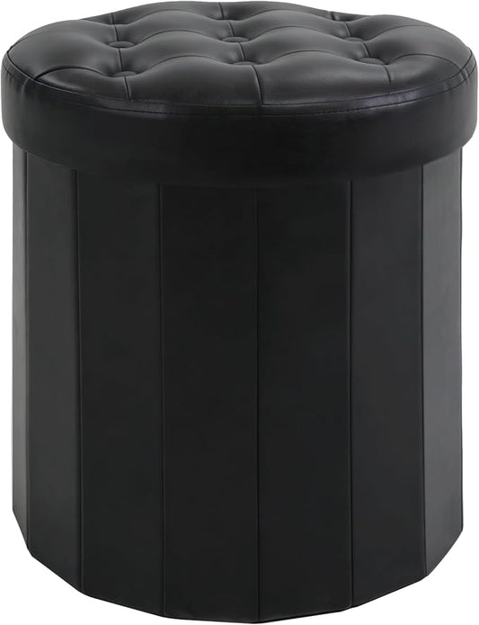 CAROLMADE Round Storage Ottoman,PU Leather Folding Footrest Stool with Thicker Foam Padded Seat,Versatile Vanity Stool for Living Room,Bedroom or Dorm,Black