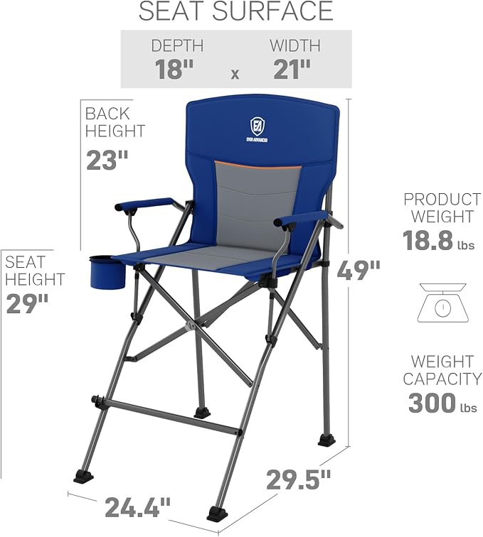 EVER ADVANCED Tall Camping Directors Chair with Cup Holder 31", Bar Height Folding Chair for Camping, Sports with Carry Bag, Mesh Pockets and Footrest, Heavy Duty 300 lbs, Blue