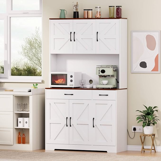 71" Kitchen Pantry Cabinet with Charging Station, Pantry Storage Cabinet Large Kitchen Hutch with Microwave Stand, Coffee Bar Station with Doors and Adjustable Shelves for Kitchen, White