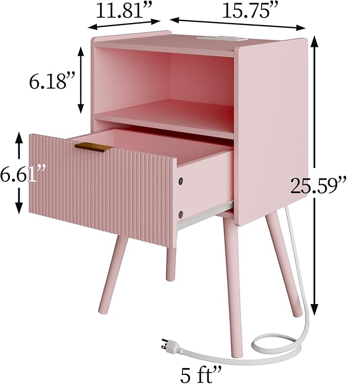Veegle Nightstand,Modern Bedside Table with Storage Drawer and Open Wood Shelf, Accent Night Stand with Solid Wood Legs for Living Room, Bedroom and Small Spaces,Easy Assembly (Pink-Outlet)