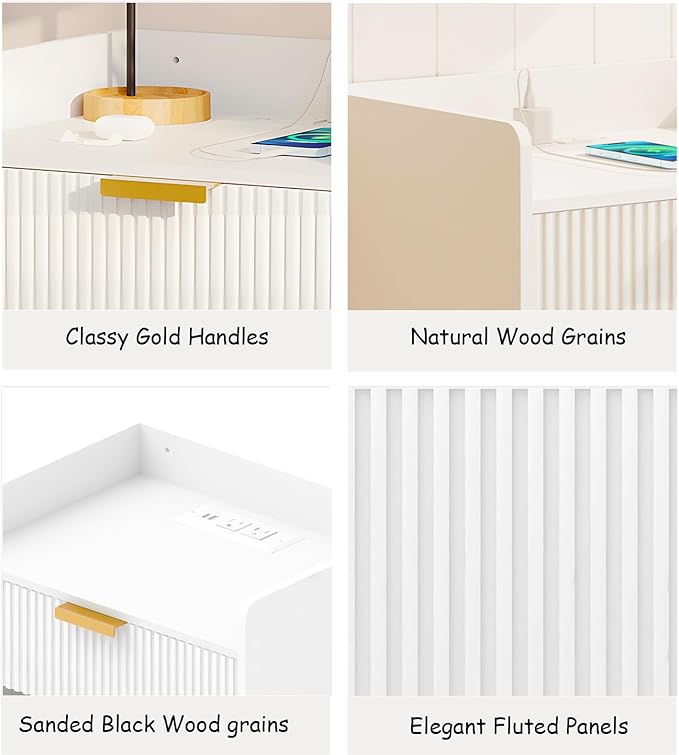 Arbuxzuy Floating Nightstand Set of 2 with Charging Station, Modern Wall Mounted Bedside Table with Drawer & Open Shelf, Minimalist Wooden Night Stand for Bedroom (White)