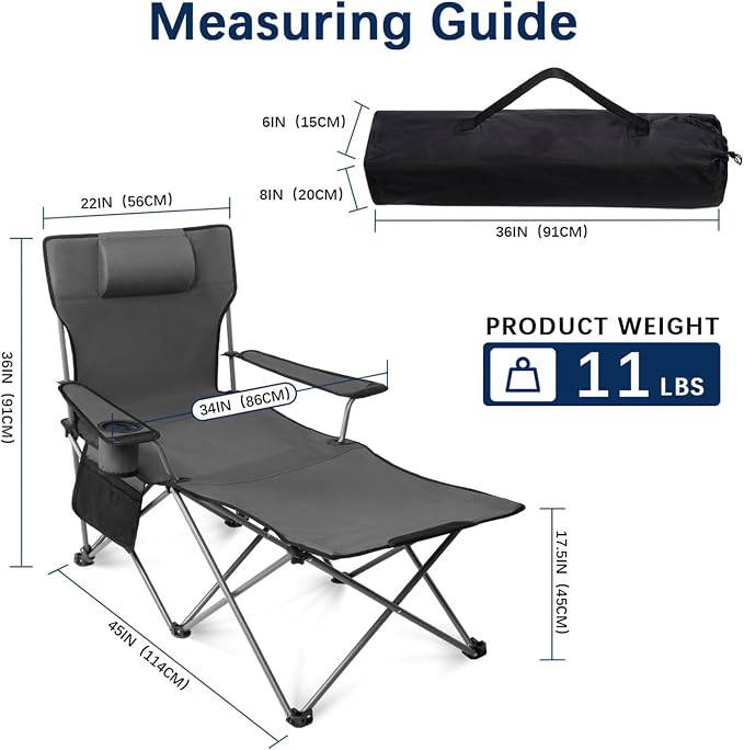 apollo walker Reclining Beach Chair, Adjustable 90-135° Backrest Camping Lounge Chairs for Adults, Folding Chair with Foot Rest & Detachable Pillow - Standard 6-Leg, Grey