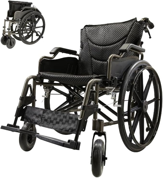Lightweight Aluminum Alloy Transport Wheelchair for Adults - 20" Wide Seat with Front/Rear Locking Brakes, 24" Quick-Release Wheels, Foldable Design, 350 lbs Capacity (Grey)