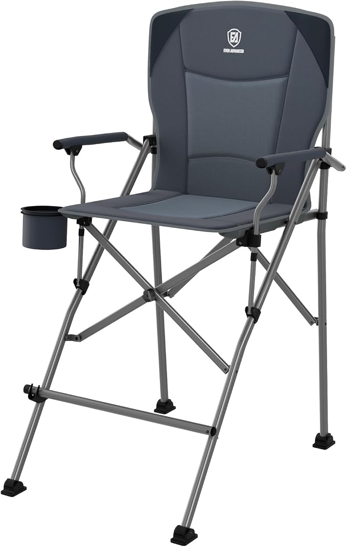 EVER ADVANCED Tall Camping Folding Chair 31", Portable Directors Chair, Bar Height Camping Chair with Carry Bag and Footrest, Armrest, Heavy Duty Supports 300 Lbs Grey