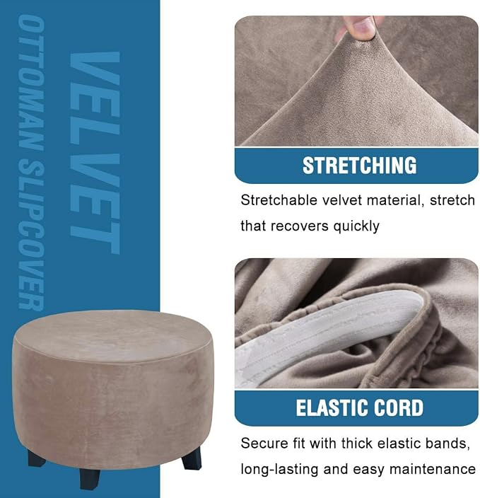 H.VERSAILTEX Round Ottoman Slipcover Ottoman Covers Slipcover Footstool Protector Covers Storage Stool Ottoman Covers Stretch with Elastic Bottom, Feature Real Velvet Plush Fabric (Medium, Taupe)