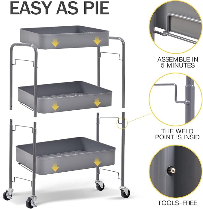 TOOLF 3-Tier Rolling Cart - Metal Utility Storage Organizer with Lockable Wheels, 33 lbs Per Shelf, Tool-Free 5-Min Assembly, for Kitchen Bathroom Office Nursery Craft Room, Grey