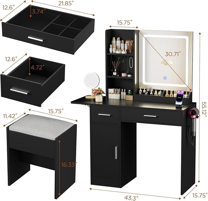 ERLEJIA Vanity Desk with Mirror and Lights & Extral Foldable Desk, 35.43" & 43.3" Makeup Vanity Table with Stool and Plug Outlet, 5 Drawers and Open Shelves Dressing Table for Bedroom,Black