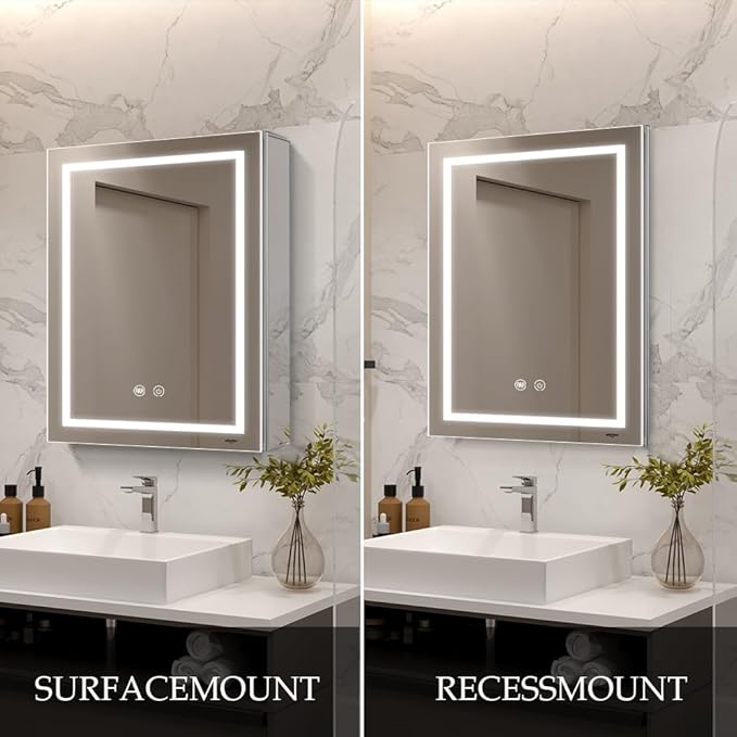 LED Medicine Cabinet,Bathroom Mirror Cabinet with Lights,20×28inch,Equip with Internal Light,Aluminum Construction,USB Shaver Socket,3 Color,Dimmer,Demister,Surface Mounted and Recess Mounted