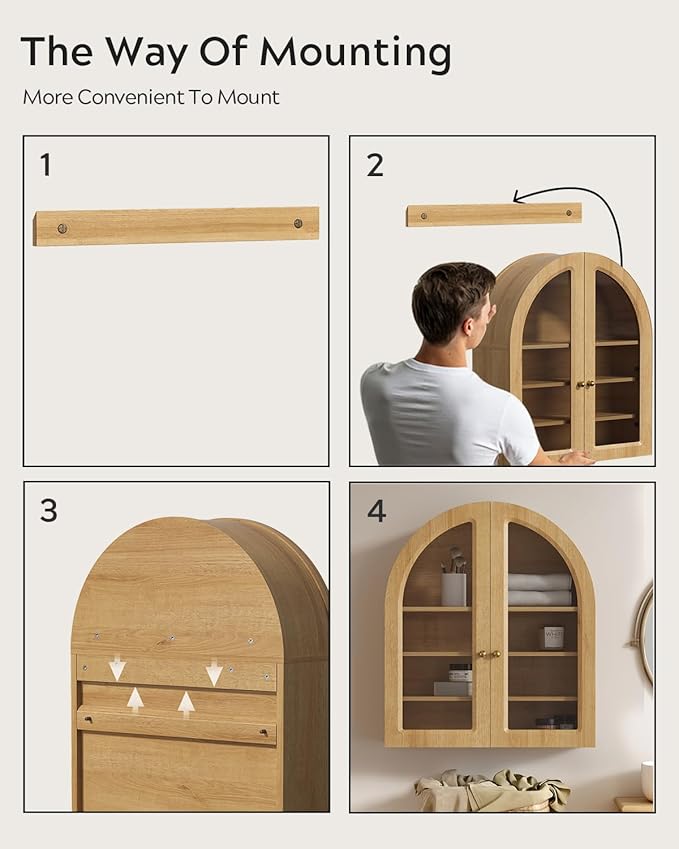 EYYTHUNG Arched Wall Cabinet, Large Bathroom Medicine Wall Mounted Cupboard, Farmhouse Floating Storage Cabinet with Acrylic Door Adjustable Shelf, Wood Organizer (Natural Oak)