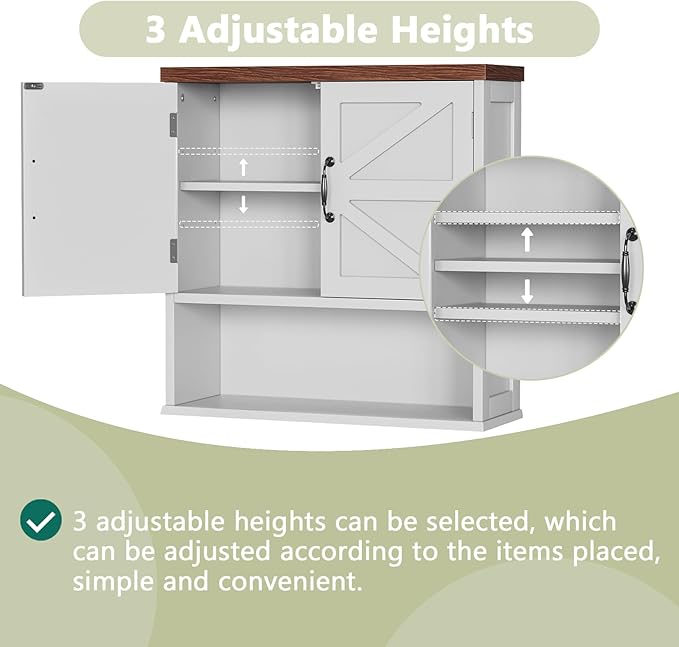 Smuxee Farmhouse Bathroom Cabinet Wall Mounted, White Medicine Cabinet with Adjustable Shelf, Bathroom Cabinet for Living Room, Laundry Room