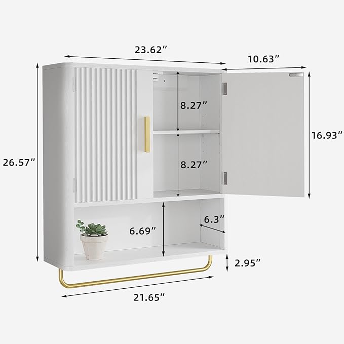 Memobarco Bathroom Wall Cabinet, Medicine Cabinet with Fluted Door & Adjustable Shelf, Over the Toilet Storage Cabinet with Towel Bar, Cabinet Wall Mount for Laundry Room & Kitchen, White