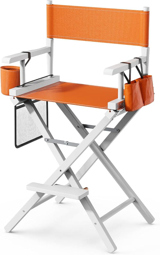 OmySalon 26" H Tall Directors Chair, Wooden Portable Folding Makeup Chair w/Storage Pouch & Footrest, Professional for Salon/Events/Mobile Services, 250lb Capacity, Orange Canvas & White Frame